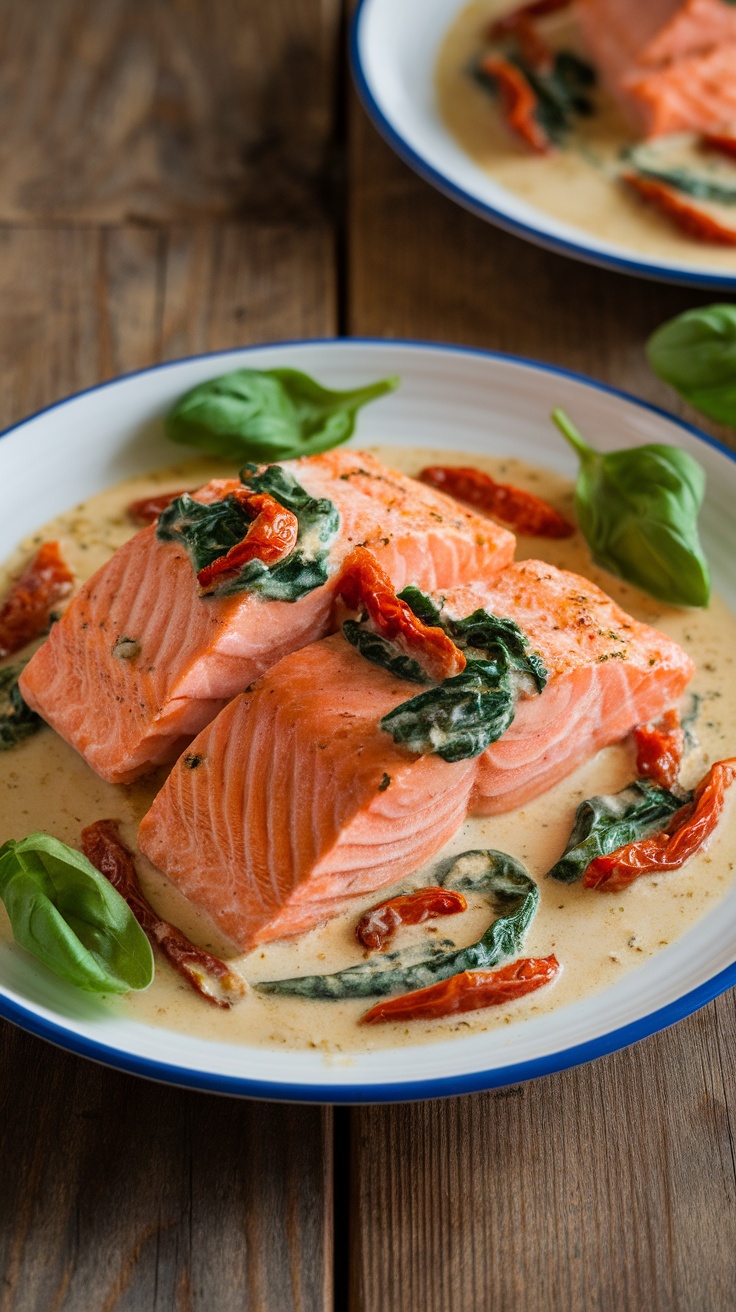 One-Pot Creamy Tuscan Salmon Recipe Creamy Tuscan salmon on a plate with sun-dried tomatoes and spinach garnished with basil.